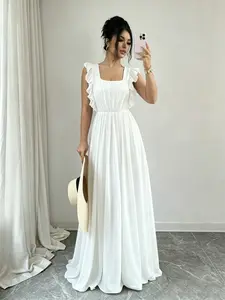 Ruffle Sleeve Long Dress, Square Neck Flowy Chiffon, Perfect for Vacation, Beach, Brunch, Wedding Guest, Date, Party