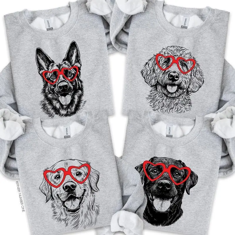 Women's Casual Crew Neck Longsleeves Cotton Tops - Gildan Unisex Pullover, 50 Dog Breeds in Adorable Heart-Shaped Glasses, 100% Eco-Friendly Digital Print Hoodies & Sweatshirts