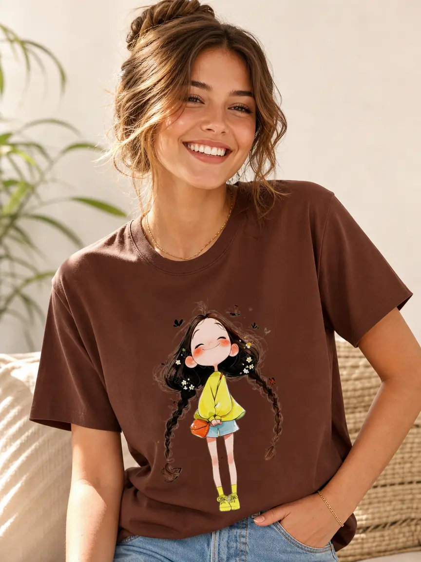 Women's Cotton Fitted Round Neck Short Sleeve Casual T-Shirt - Double Braids, Flower Butterflies, Cute Cartoon Graphic, Playful Everyday Fashion Top
