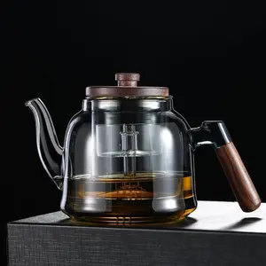 1200ml Large Capacity Glass Teapot with Walnut Wood Handle High Temperature Resistant for Household Stove Tea Brewing Steaming Boiling Kettle pot