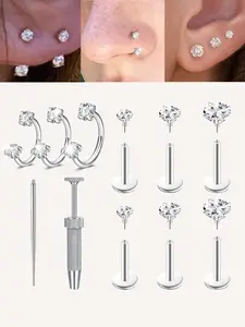 Cz Flat-Back Earring Hoop Set, Body Piercings Set, Cartilage Stud, Surgical Steel with 18g Internal Threading, Suitable for Earlobe, Cartilage, Concha, Nose Piercings, Exquisite Jewelry