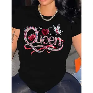Fashion 'Queen' Butterfly Print T-Shirt - Women's Casual Round Neck Short Sleeve Top - Breathable and Machine Washable, Suitable for All Seasons, 100% Pure Cotton Comfortable Breathable Fabric