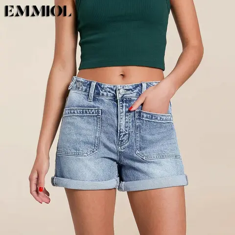 EMMIOL Women Jeans Shorts  with Adjustable Waist Summer Mid Rise Sexy Stretchy Denim Hot Pants Trendy Summer Vibes