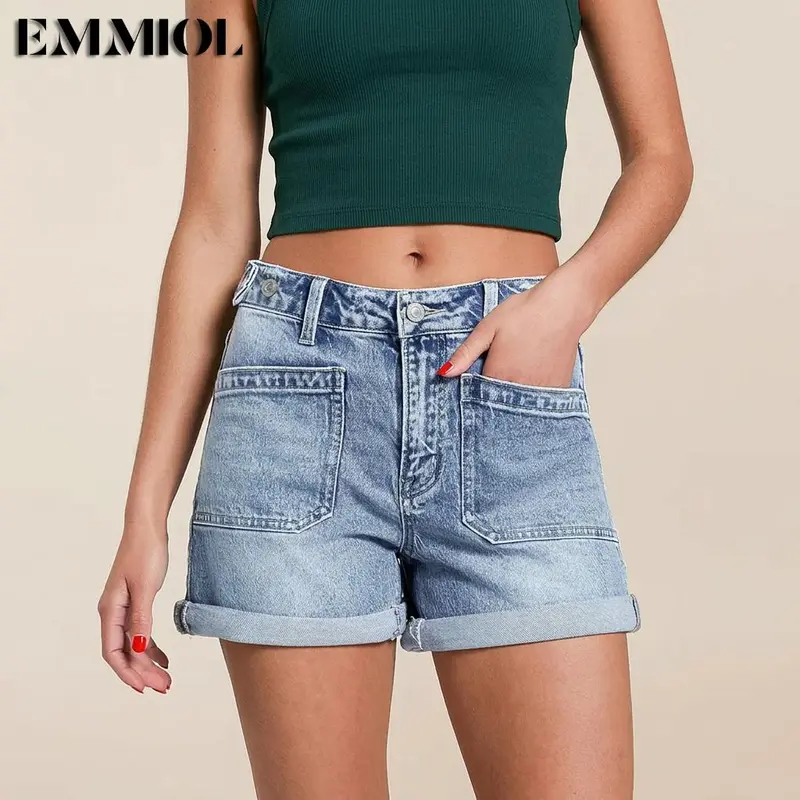 EMMIOL Women Jeans Shorts with Adjustable Waist Summer Mid Rise Sexy Stretchy Denim Hot Pants Trendy Summer Vibes