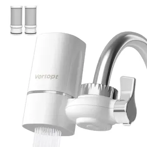 Vortopt Faucet Water Filter for Sink, Rapid Flow - 400 Gallons Faucet Mount Water Filtration System for Tap Water, NSF Certified Reduces Chlorine & Bad Taste with 2 Sediment Carbon Filter Replacements, T1