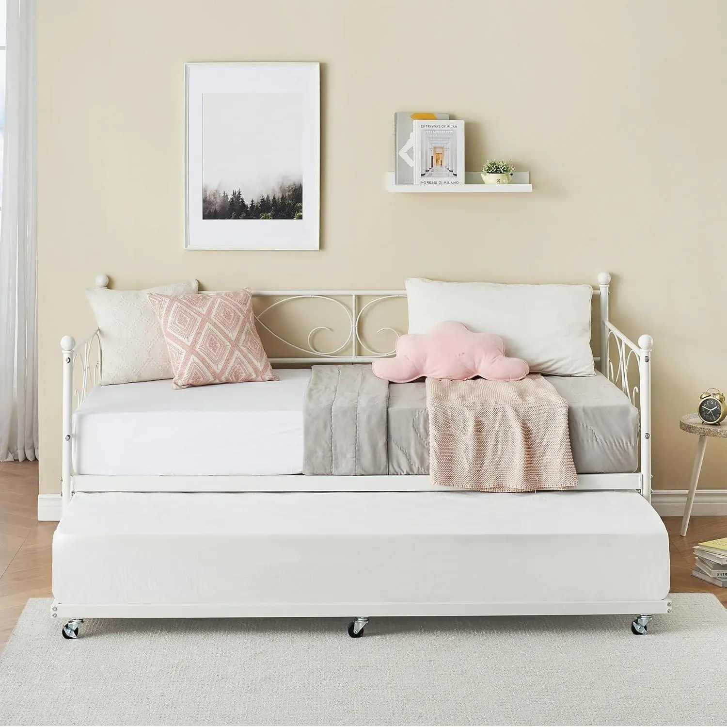 Gaomon Classic Twin Metal Daybed with Trundle - Single, Heavy-Duty Metal Slats, Slatted Bed Base, Storage Bed Frame, Space-Saving Design, Flower Motif, Versatile for Living Room, Bedroom