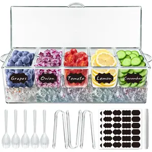 Chilled Condiment Server Tray, Bar Fruit  with Lid and 5 Removable Compartments, Clear Ice Condiment Serving Tray for Party, Toppings Bar Container, Garnish