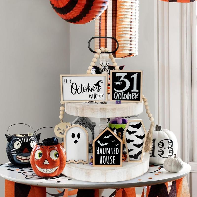 6-pcs Halloween layered tray decoration, including bat coffin, haunted house, ghost, witch, October 31st logo, bead wreath, table frame Halloween centerpiece