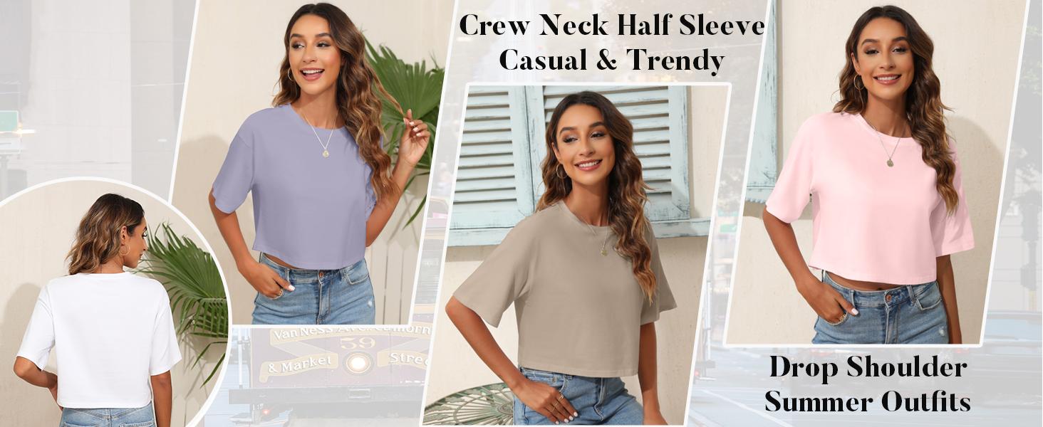 Tankaneo Women Half Sleeve Cropped T-Shirts Drop Shoulder Round Neck Crop Tops Casual Summer Solid Color Basic Tees