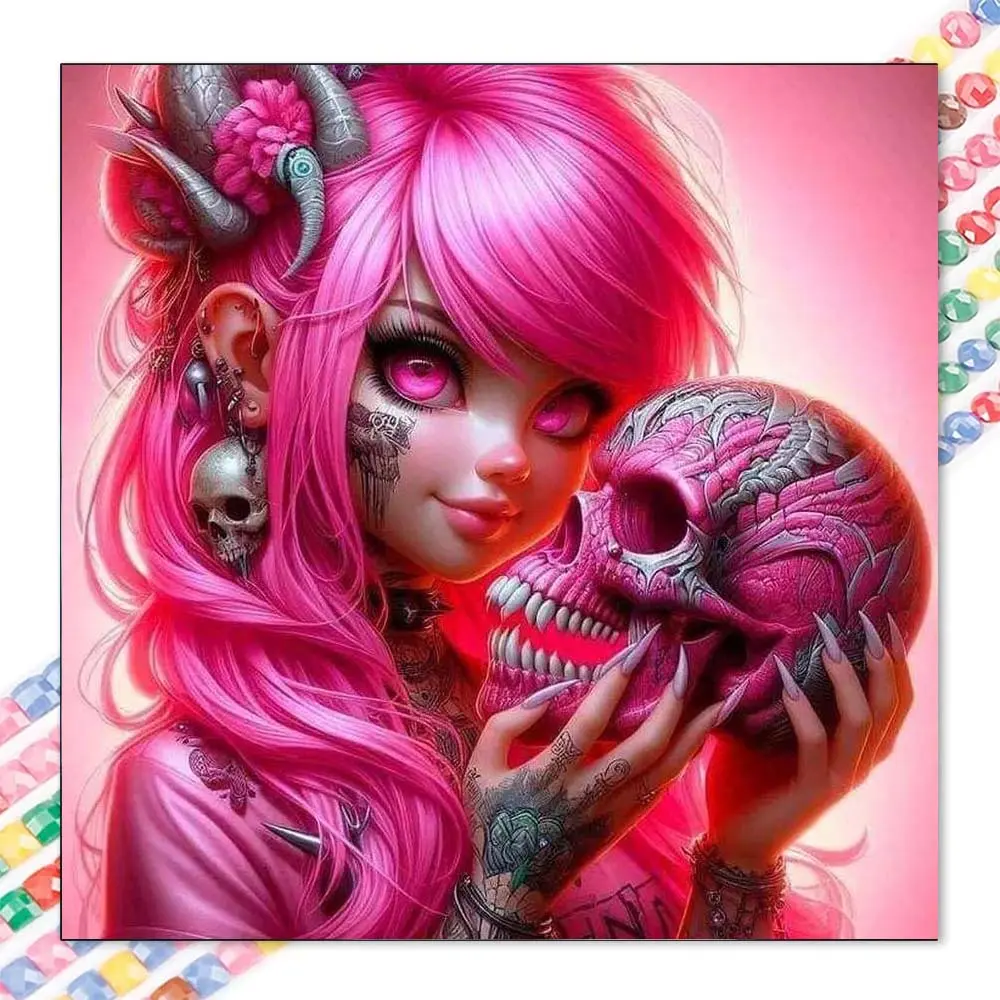 1 set of DIY diamond painting kit, 5D diamond art kit, DIY decoration pink hair, skull ornament, tattoo fingers. Mosaic, diamond art, DIY art home decoration, suitable for Christmas.