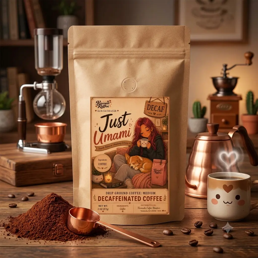 Just Umami Decaf Roasted Ground Coffee Beans, Premium Coffee Beverage for Daily Enjoyment