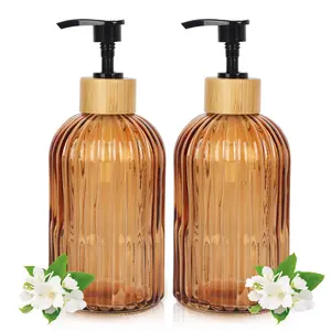 2-Pack 400ml Refillable Glass Soap Dispensers with Wood Pump, Tawny Amber Bottles for Bathroom Shower & Kitchen Sink, Stylish Eco-Friendly Hand Liquid Soap Containers
