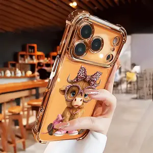 Cute Cow Phone Case for iPhone 17 Air 16 15 14 13 12 11 Pro Max Plus border Electroplating with counter-fall Safety Cushion 2D printing Four-corner Thickened