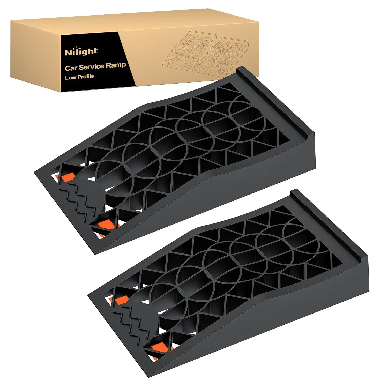 Nilight 2-Pack Low-Profile Portable Polypropylene Vehicle Ramps - 10,000lb GVW Capacity, Anti-Slip Texture, Drainage Holes, Raised Wheel Stops, Impact-Resistant, 17° Easy Loading, Jack Access Cleared, 2.6" Lift Access Garage Maintenance Tools