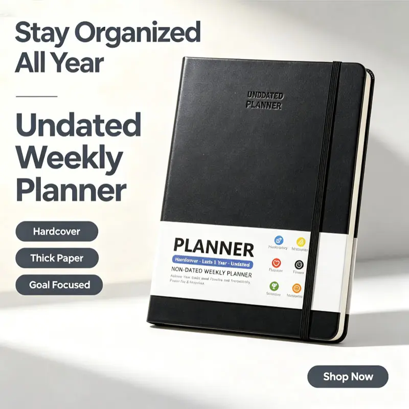 Hardcover Non-Dated Weekly Planner, Undated Schedule Notebook, Black & Pink Available