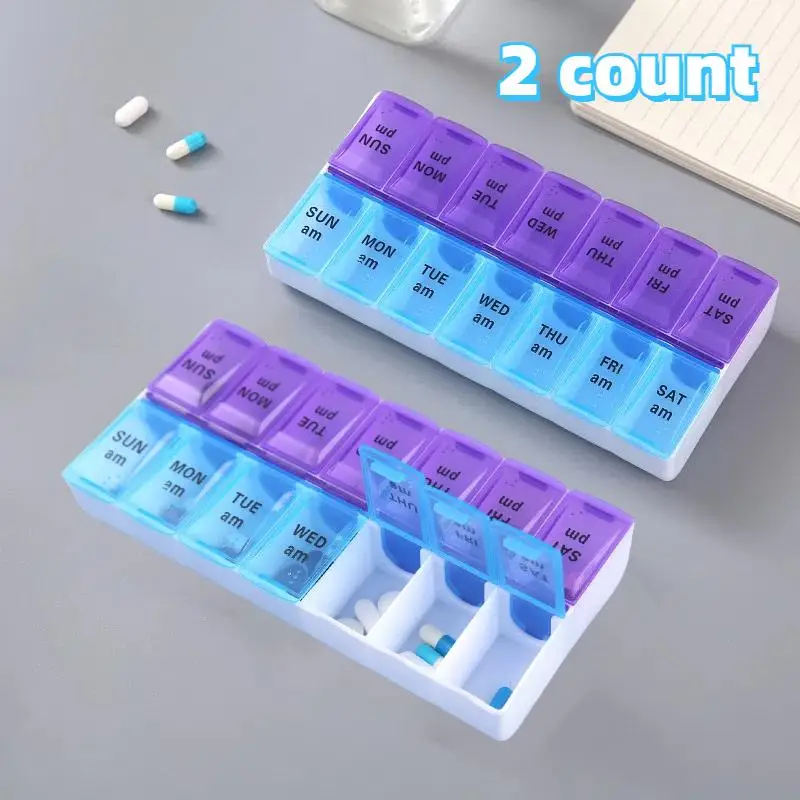 Portable Pill Box, 2 Counts 7 Compartments Am Pm Pill Organizer Case, Weekly Healthcare Medicine Container for Home Dormitory Outdoor Travel