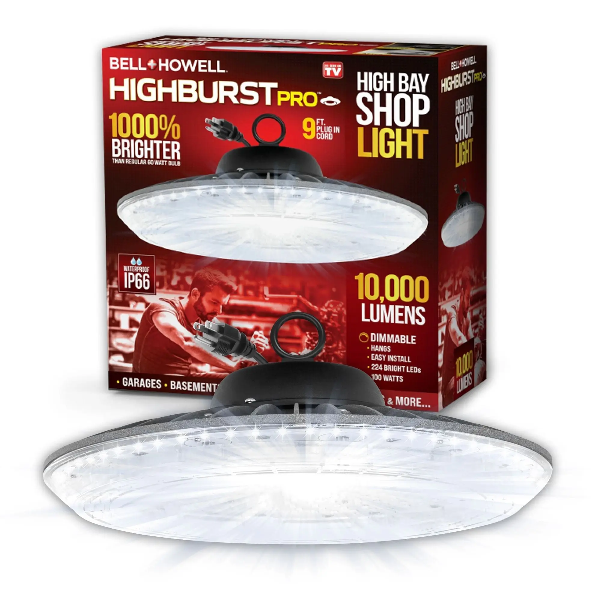 HighBurst Shop Light, Dimmable High Bay LED, IP66 Waterproof, Hangable, Dimmer Included, Plug-in Cord