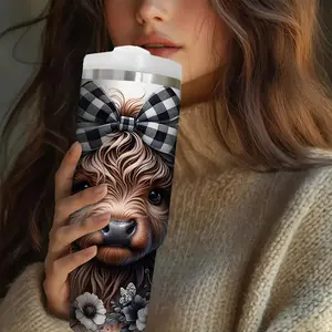 Highland Cow Pattern Vacuum Flask, 1 Count Portable Stainless Steel Water Bottle with Straw & Lid, Drinking Cup for Home Office School Outdoor Travel, Drinkware, Funny Dad Tumbler, Thermo Tumbler
