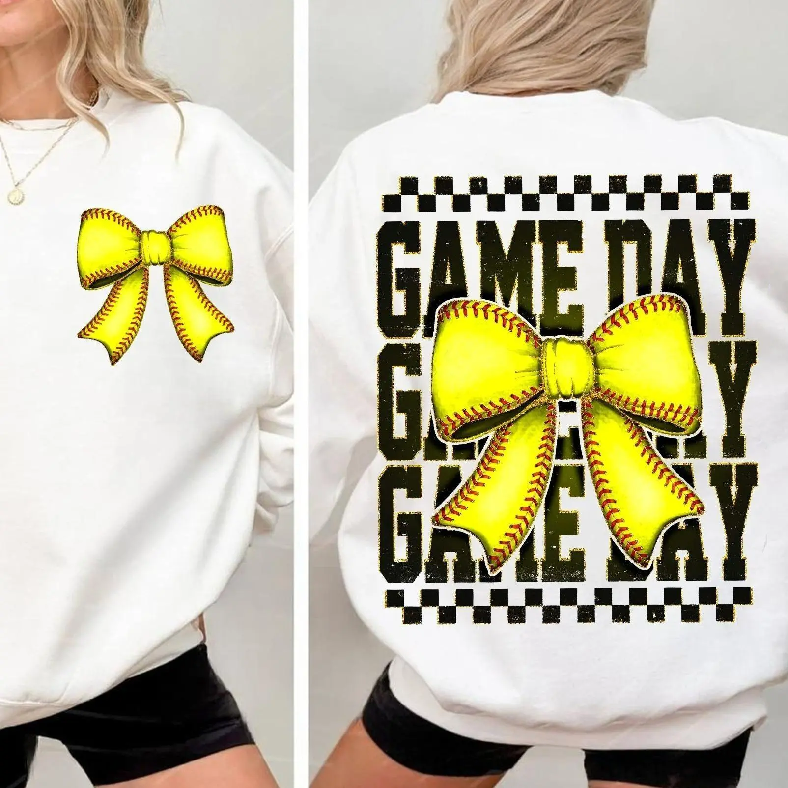 Checkered Softball Game Day Coquette Bow 2 Sided Pullover Sweatshirt, Softball Mom Mama Gift, Softball Game Day Tee