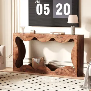 Garvee 63" Rustic Scalloped Entryway Console Table, Narrow Wood Sofa Table with Storage, Ideal for Living Room, Hallway & Apartments, Brown Finish