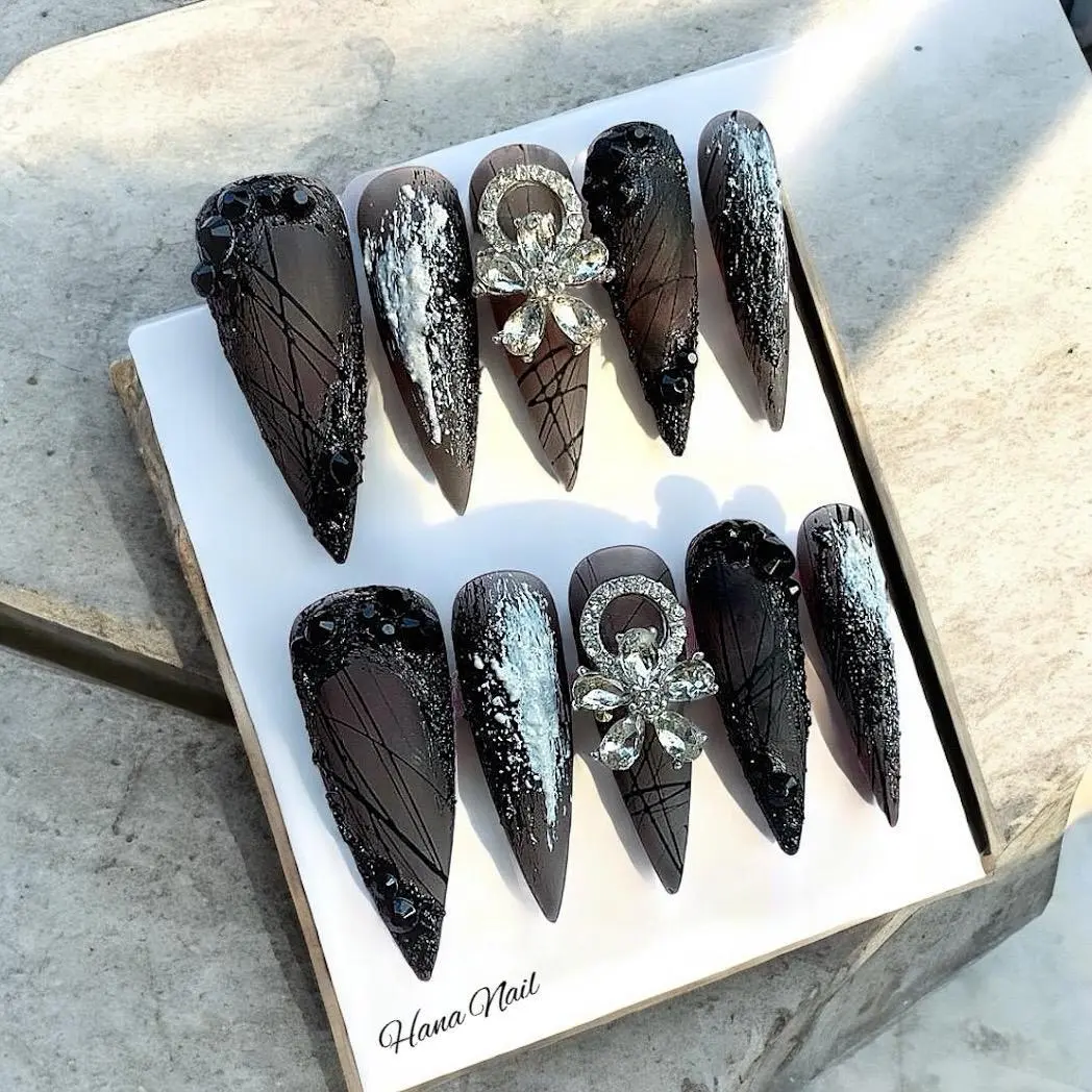 Gothic Black Stiletto Press on Nails, Spider Web Nail Art, Black Chrome Splatter Nails, Rhinestone Flower Nails, Dark Aesthetic Fake Nails