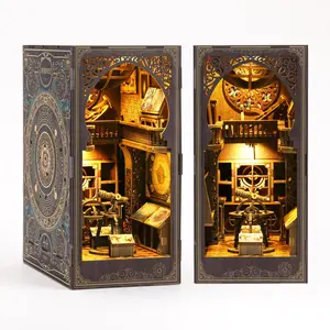 Adult DIY Miniature Toy House Book Corner Kit with LED Light, Wood Design 3D Country Style Wooden Bookshelf Puzzle Decoration for Gifts, Suitable for Teens and Adults, Book Nook Kit