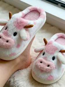 Fashion Comfort Cute Cow Plush Slippers, Embroidered Ear Design, Soft Teddy Fabric, Warm Lining, Non-Slip Thick Sole, All-Season Home Wear