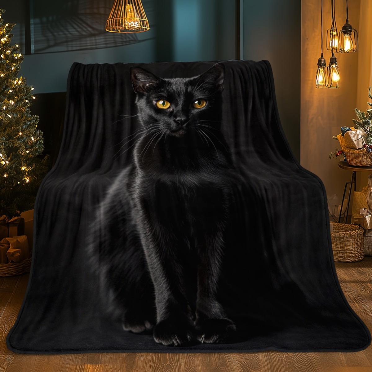 Black Cat Pattern Blanket - Soft and Lightweight Flannel Sofa Bed Cover, Four Seasons Universal Living Room Camping Travel Comfort Blanket - Modern Home Decoration Gift (Dark Background), Cat Design