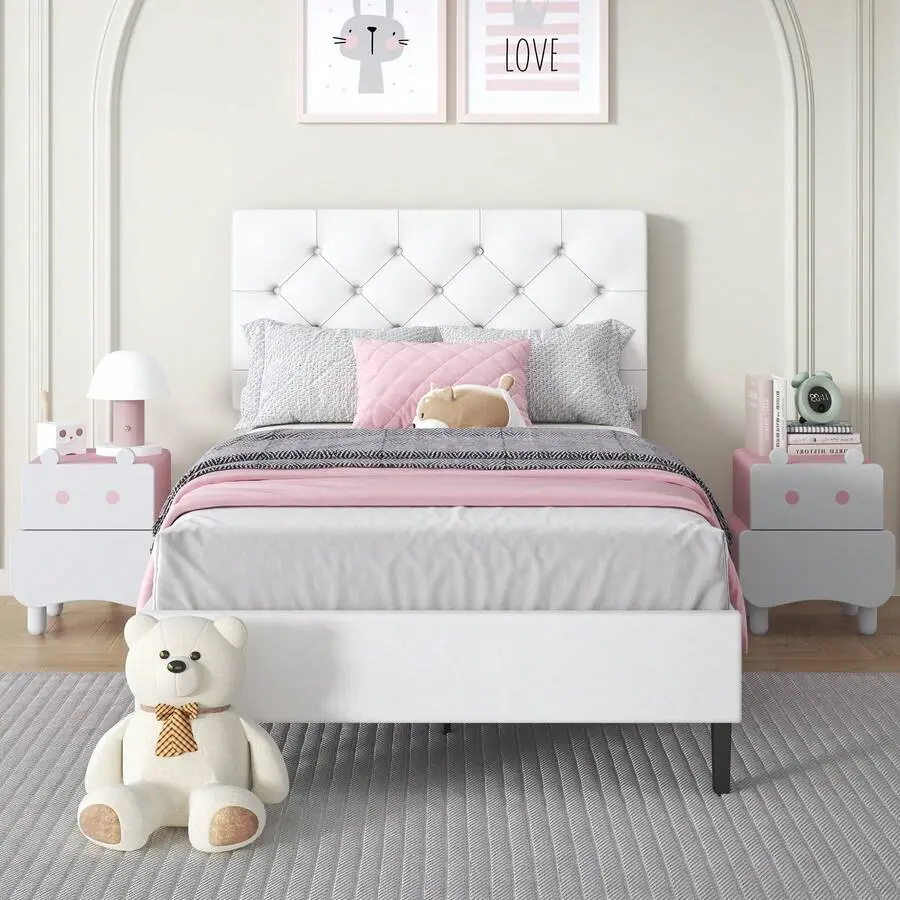 White Queen-Size PU Leather Upholstered Platform Bed Frame with 3-Level Adjustable Headboard, Button Tufted, No Box Spring Needed, Easy Assembly, Modern Classic Indoor Furniture, Three Levels
