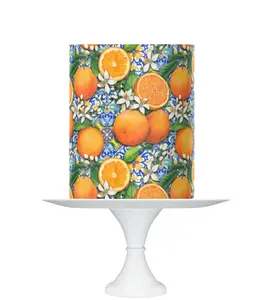 Edible Cake Topper Icing Sheet, Orange and Blue Tile Design with Citrus Pattern, 8x10 inches cake wrap