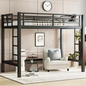【Bellemave】 Twin /Full Size Metal Loft Bed, Loft Bed with Easy Climbing Ladder and Guardrails