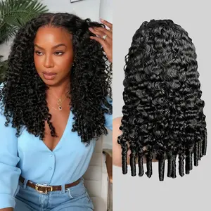 Yilike Burmese Curly Drawstring Half Wig Human Hair 200% Density  Wear Go Glueless Wigs Human Hair Curly 3 In 1 Half Wigs for Women No Glue No Sew Natural Color & Beginner Friendly Easy Install Drawstring Seamless Flip Headband Wig Beginner Friendly
