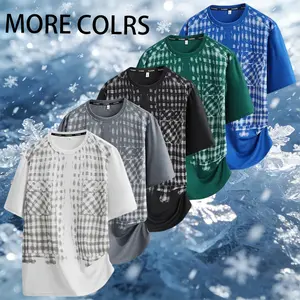 Summer vacation two piece checkered splicing short sleeved T-shirt for men, loose casual fashion trend versatile top