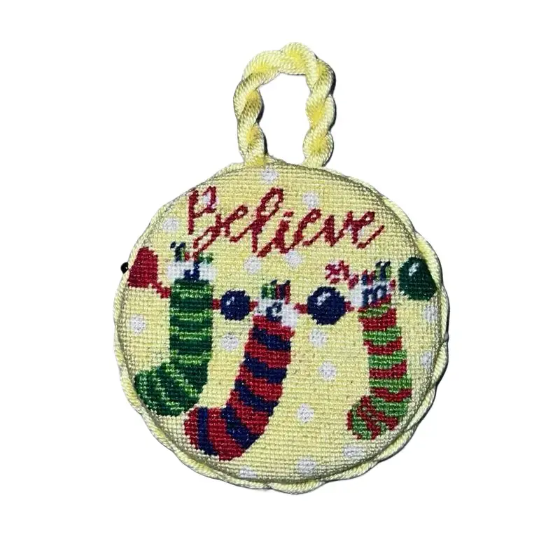 Handmade Needlepoint Believe 4” Circular Ornament with Grinch Design, Green Cord, Unique Craftsmanship for Holiday Decor