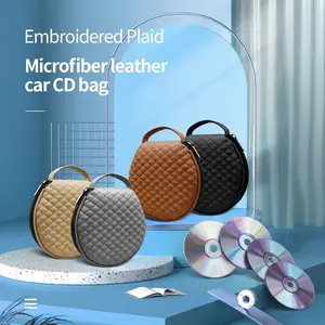 Embroidered Checkered Car CD Bag, Leather-Trimmed Round Disc Pouch, Home & Car Dual-Use Storage Bag