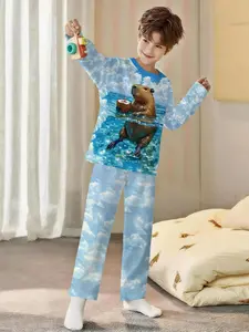Capybara Holiday 2-piece boys' long-sleeved pajamas with digital printing, Pastel cute pajamas, and long sleep pants, made of flame-retardant fabric, comfortable and soft, 100% polyester