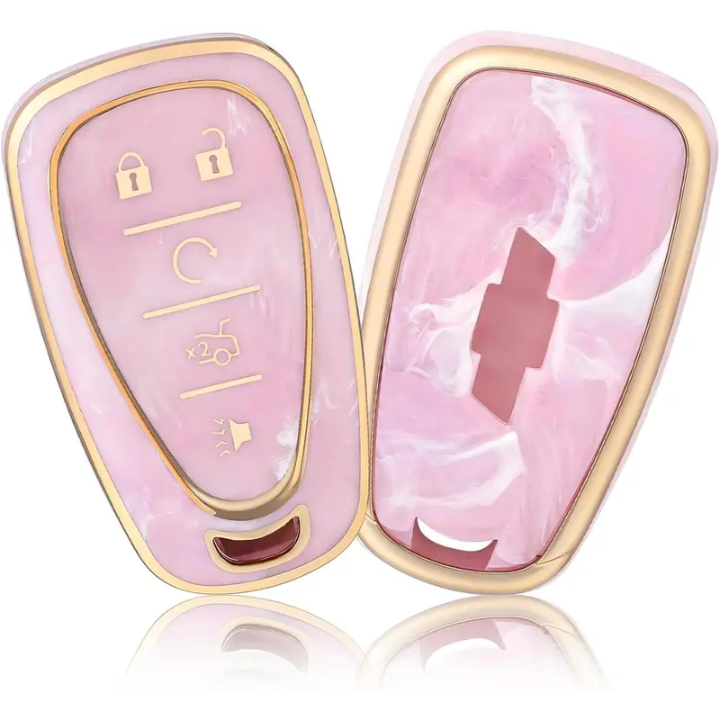 Key Fob Cover - Case for Chevrolet Equinox, Malibu, Camaro, Traverse - 5-Button Smart Key Protector, Pink/Pattern Random