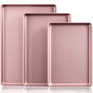 Diamond-Texture Baking Sheet Pan Set, Non-Stick Cookie Sheets, Teflon-Free Heavy Duty Bakeware - 3 Sizes, Baker, Pink Kitchenware Cooking FFVentureVibe8