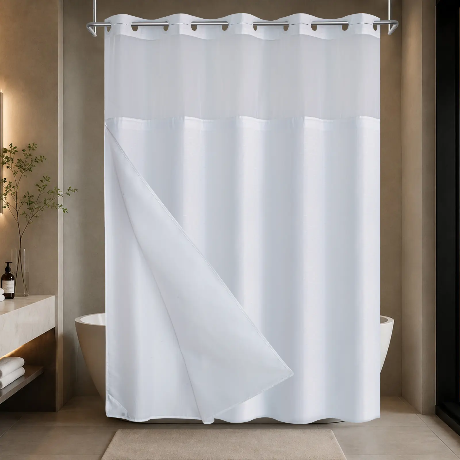 White Sheer Window Top Shower Curtain, Solid Color Waterproof Fabric Bathroom Curtain, Hotel Style Bath Curtain with See Through Mesh Header 72''*75''inch