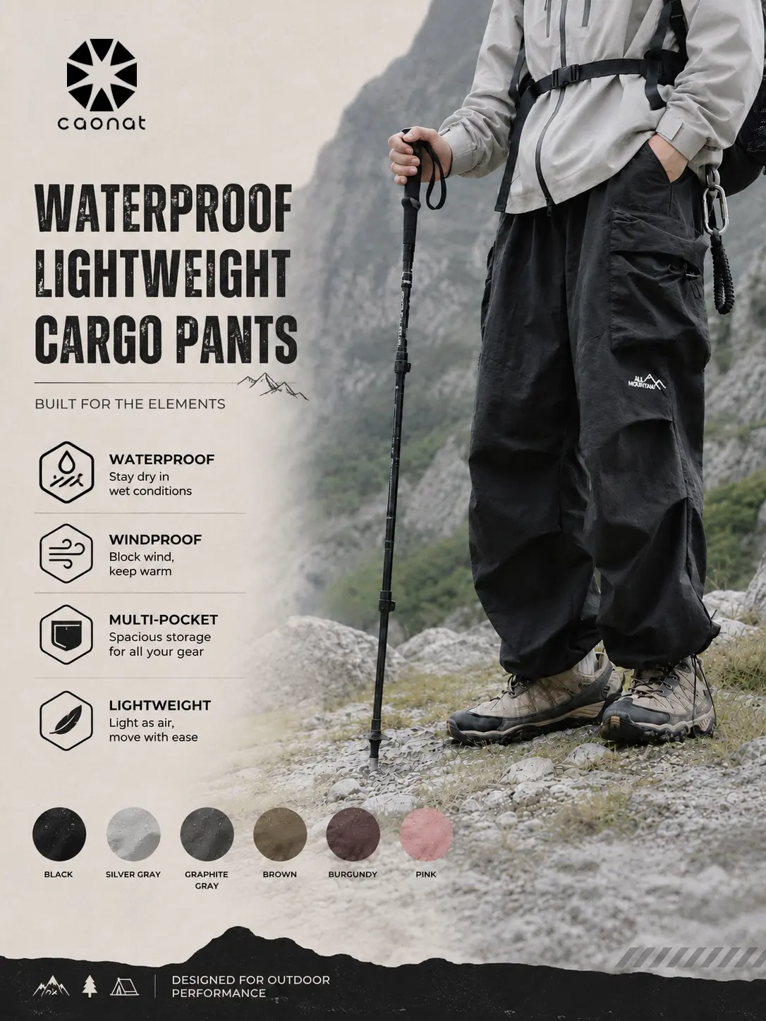 Menswear Baggy Cargo Pants for Men - Water-Resistant Lightweight Parachute Bottoms, Elastic Waist Loose-Fit Gorpcore Streetwear, Cargo Pants Women Casual Outdoor Hiking Trousers Black