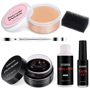 BOBISUKA 6 Piece Halloween SFX Special Effects Makeup Kit - Fake Blood Gel + Clear Liquid Latex + Black Tooth Paint + Modeling Scar Wax with Spatula Tool and Black Stipple Sponge All in One