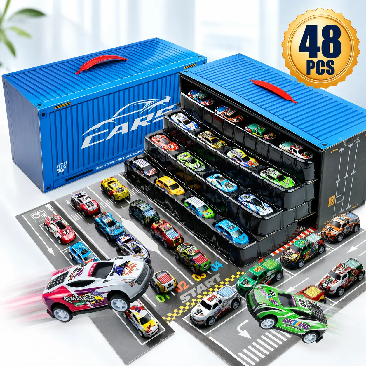 48-Piece Pull-Back Car Toy Set with Storage Box – Race Car Collection for Boys and Girls – Fun Toy Cars for Kids