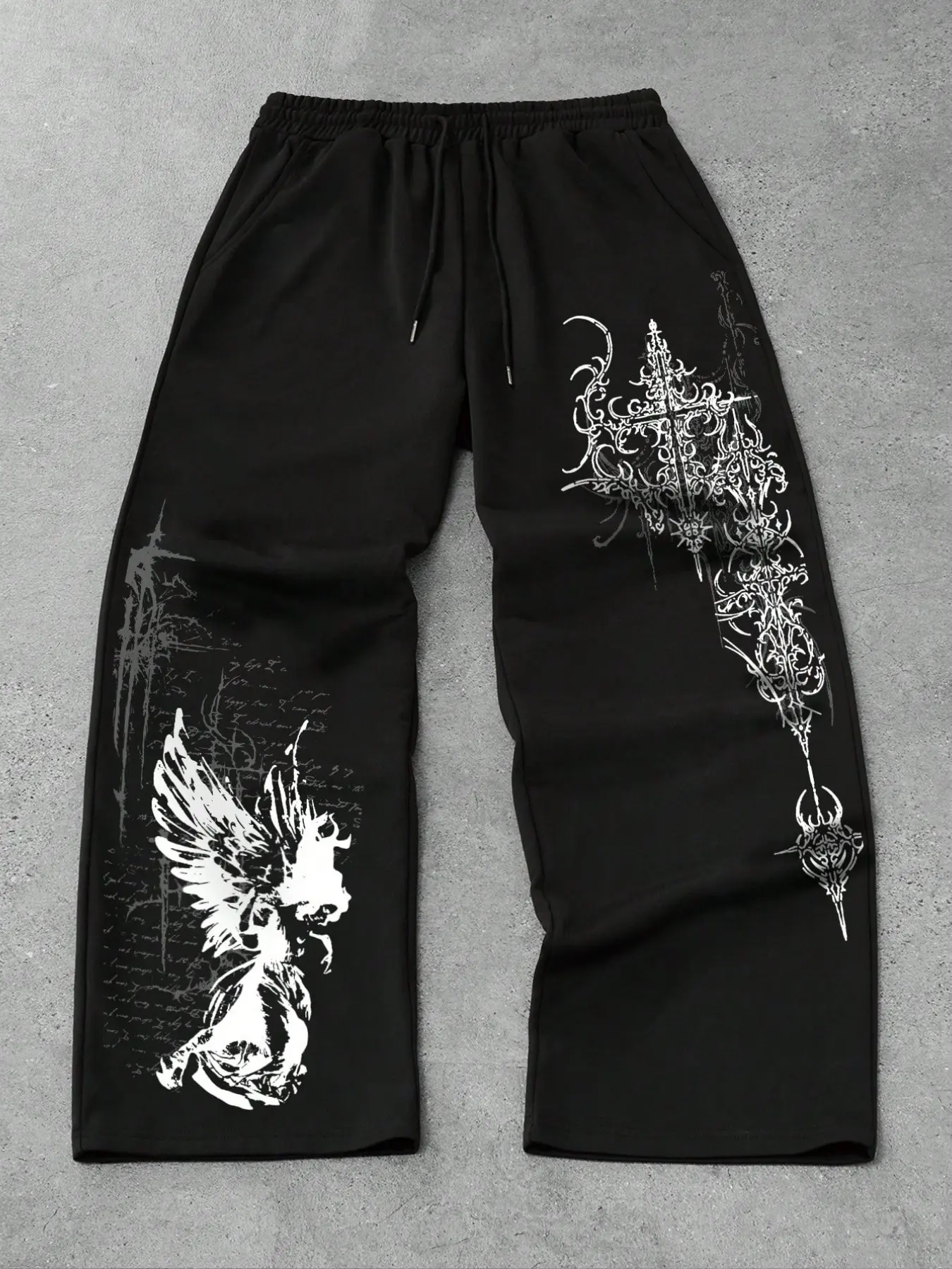 Unisex Angel Cross Thorn Print Wide Leg Pants, Graphic Pants, Gothic High Street Loose Drawstring Long Trousers, Casual Streetwear for All Seasons, Casual Fashion Loose