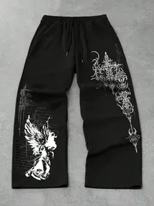 Unisex Angel Cross Thorn Print Wide Leg Pants, Gothic High Street Loose Drawstring Long Trousers, Casual Streetwear for All Seasons