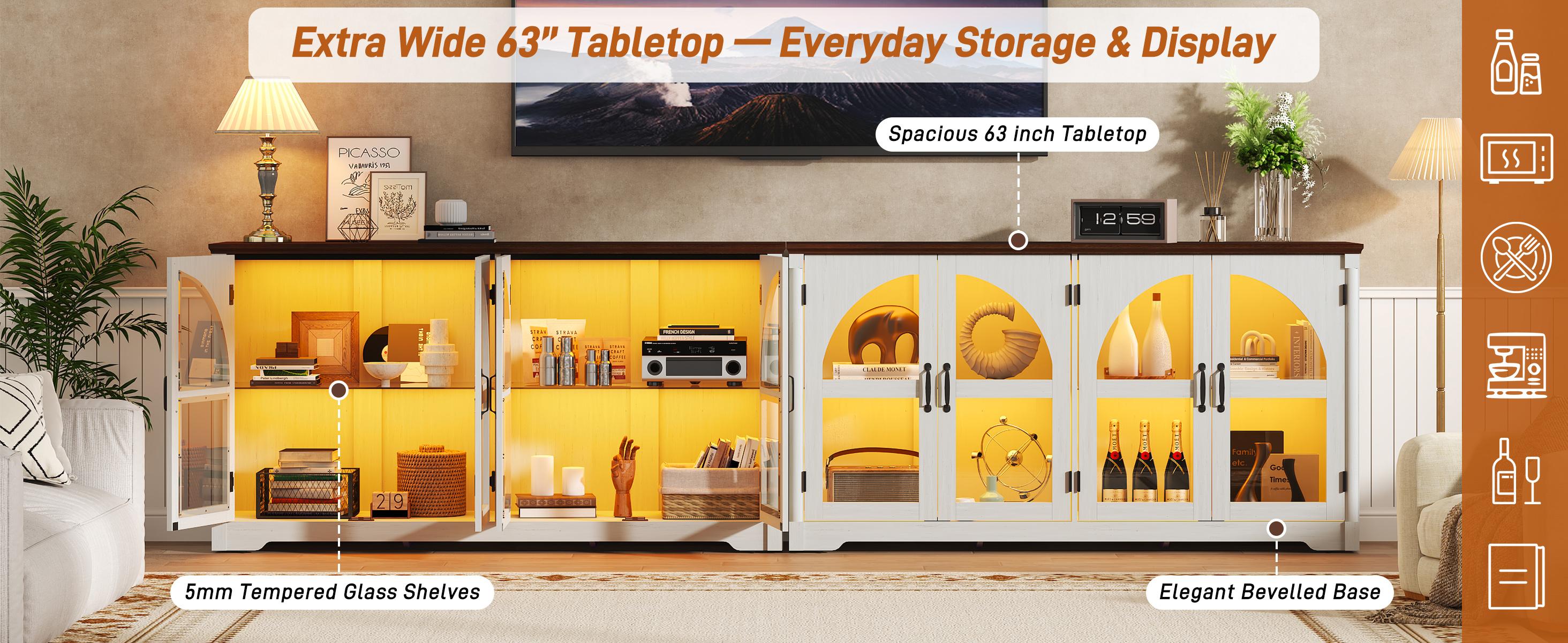 63" Modern Arched Sideboard Buffet Cabinet with LED Lights & Glass Doors, Large Storage Cabinet with Adjustable Shelves for Living Room & Kitchen