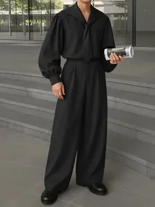 INCERUN Men's Solid Color Simple Casual Set Clothes, Fabric, Navy Collar Long Sleeve T-Shirt + Wide Leg Pants Design, Suitable for Daily, Travel, Parties