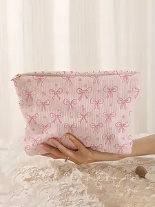 Cute Bow & Heart Pattern Corduroy Makeup Bag, Handheld Cosmetic Pouch, Makeup Organizer Pouch, Lightweight Portable Toiletry Bag, Multi-functional Storage Bag, Travel Makeup Bag, Suitable for Leisure Travel and Various Occasions