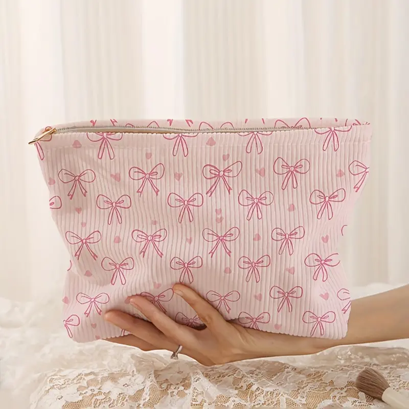 Bow & Heart Pattern Corduroy Makeup Bag, Handheld Cosmetic Pouch, Makeup Organizer Pouch, Lightweight Portable Toiletry Bag, Multi-functional Storage Bag, Travel Makeup Bag, Cosmetic Bags, Suitable for Leisure Travel and Various Occasions