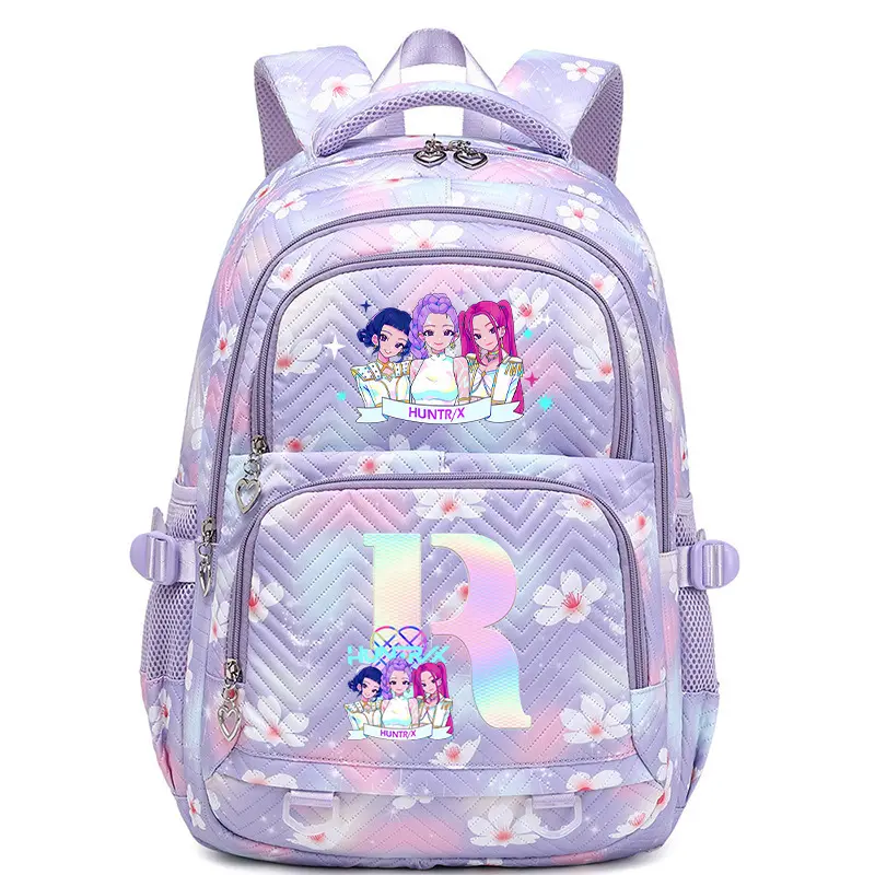 Cute Cartoon Anime Girl Print Backpack for Women Teen Girls, Pastel Purple Floral Rainbow Letter Large Capacity Student School Backpack, Lightweight Water Resistant Multi-Pocket Ergonomic Daypack for Campus Travel Daily Shopping