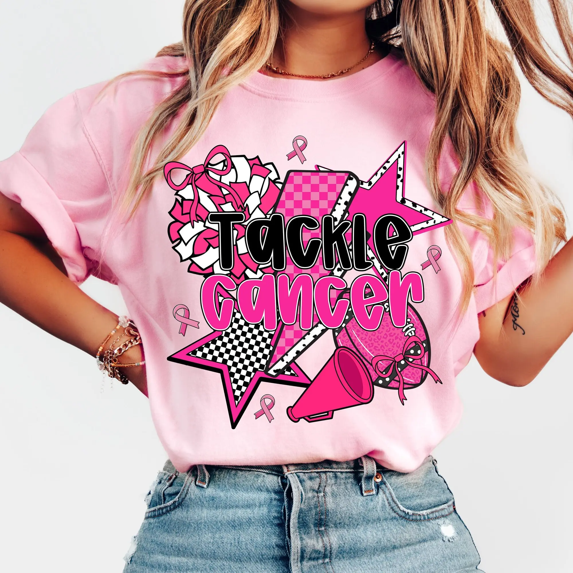 Tackle Cancer Tee, Football Breast Cancer T-Shirt, Pink Out T-Shirt, Girly Game Day T-Shirt, Breast Cancer Awareness TShirt, Coquette Pink Ribbon TShirt